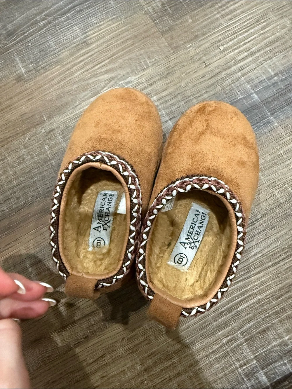 American Exchange Kids Brown Slip-On Moccasin Slippers with Braided Trim